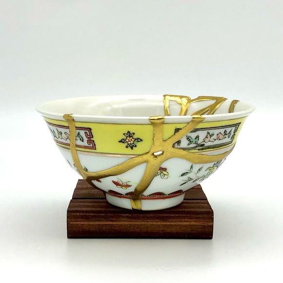 Kintsugi Bowl Chinese Jingdezen Floral Gold Crack Japanese Personal Growth Gift - Picture 9 of 17